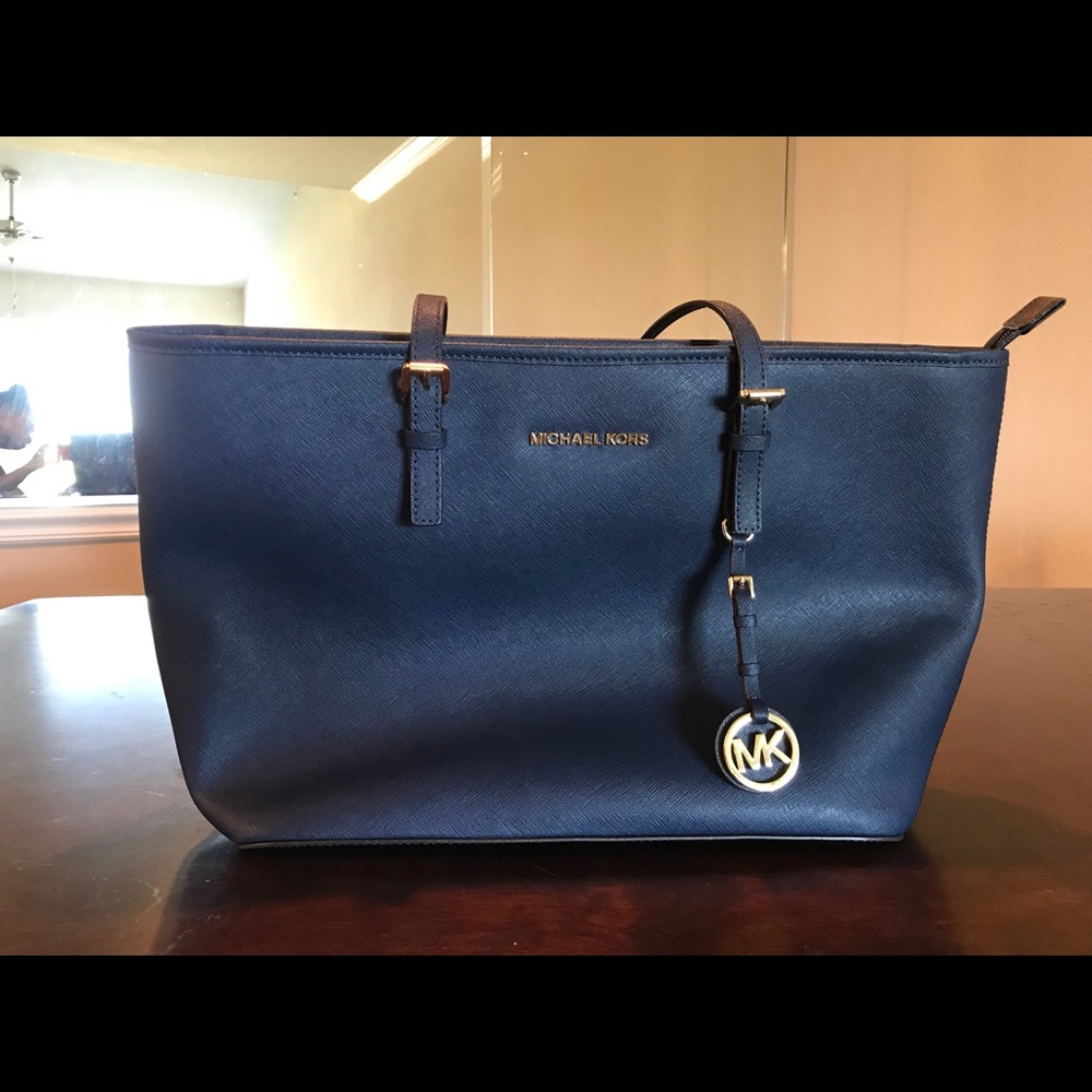 Blue Michael Kors Saffiano Leather Tote Handbag